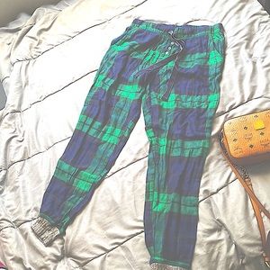 Aerie Pajama Pants Flannel Print Dark Green & Blue Adjustable Waistband